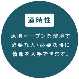 適時性 原則オープンな環境で必要な人・必要な時に情報を入手できます。